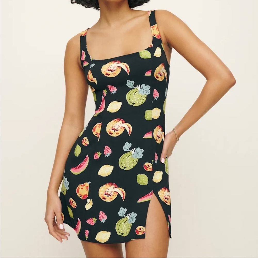 Reformation Black Fruit Print Mini Dress